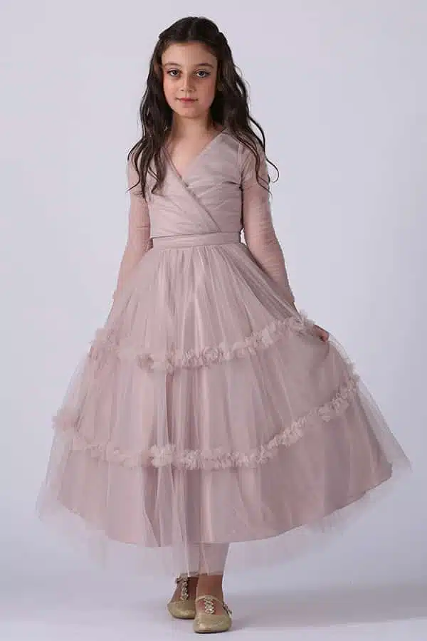 9Q7A7220-1.Jpg فستان بناتي تل بأكمام شفافة