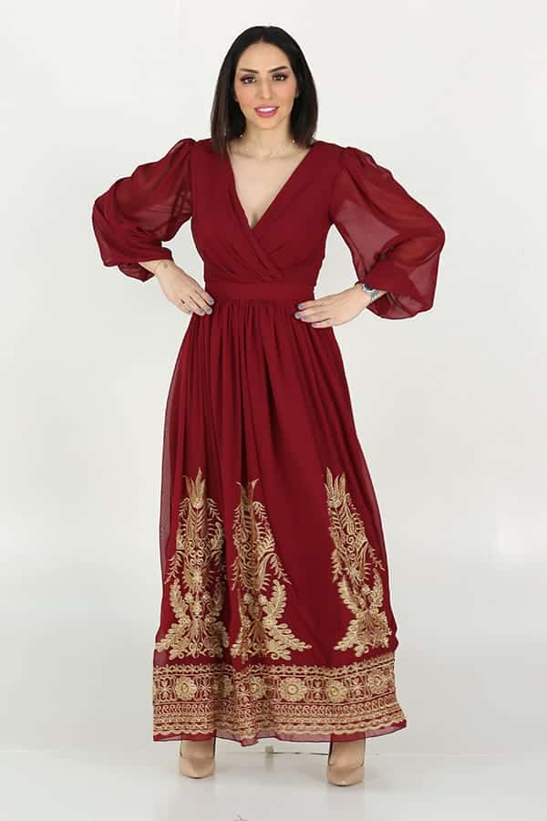 فستان طويل ناعم رمضاني من خامة الشيفون مميز بأكمام طويلة واسعة الصدر