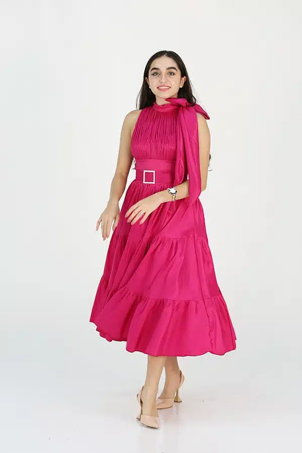 فستان فوشية قصير ميدي خناقي انيق