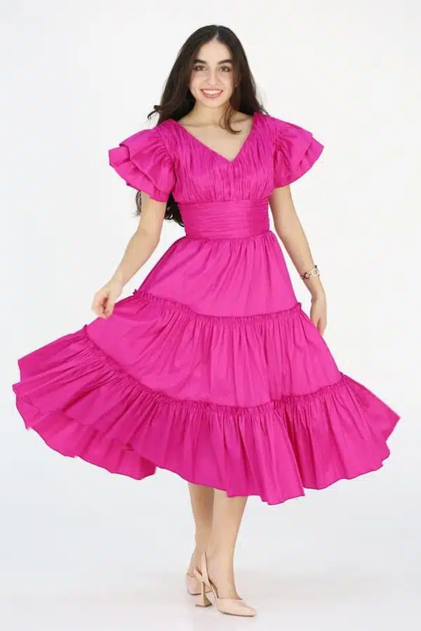 فستان بناتي ميدي سهرة فوشي بطبقات