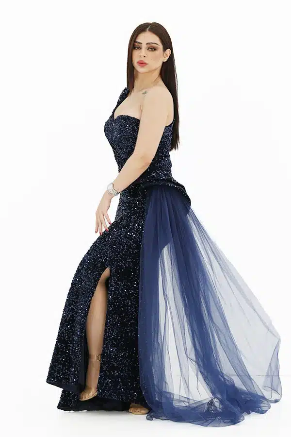 فستان سهرة ترتر قطيفة كتف واحد