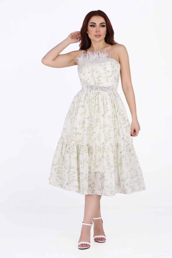 فستان ميدي مزين بريش بالصدر