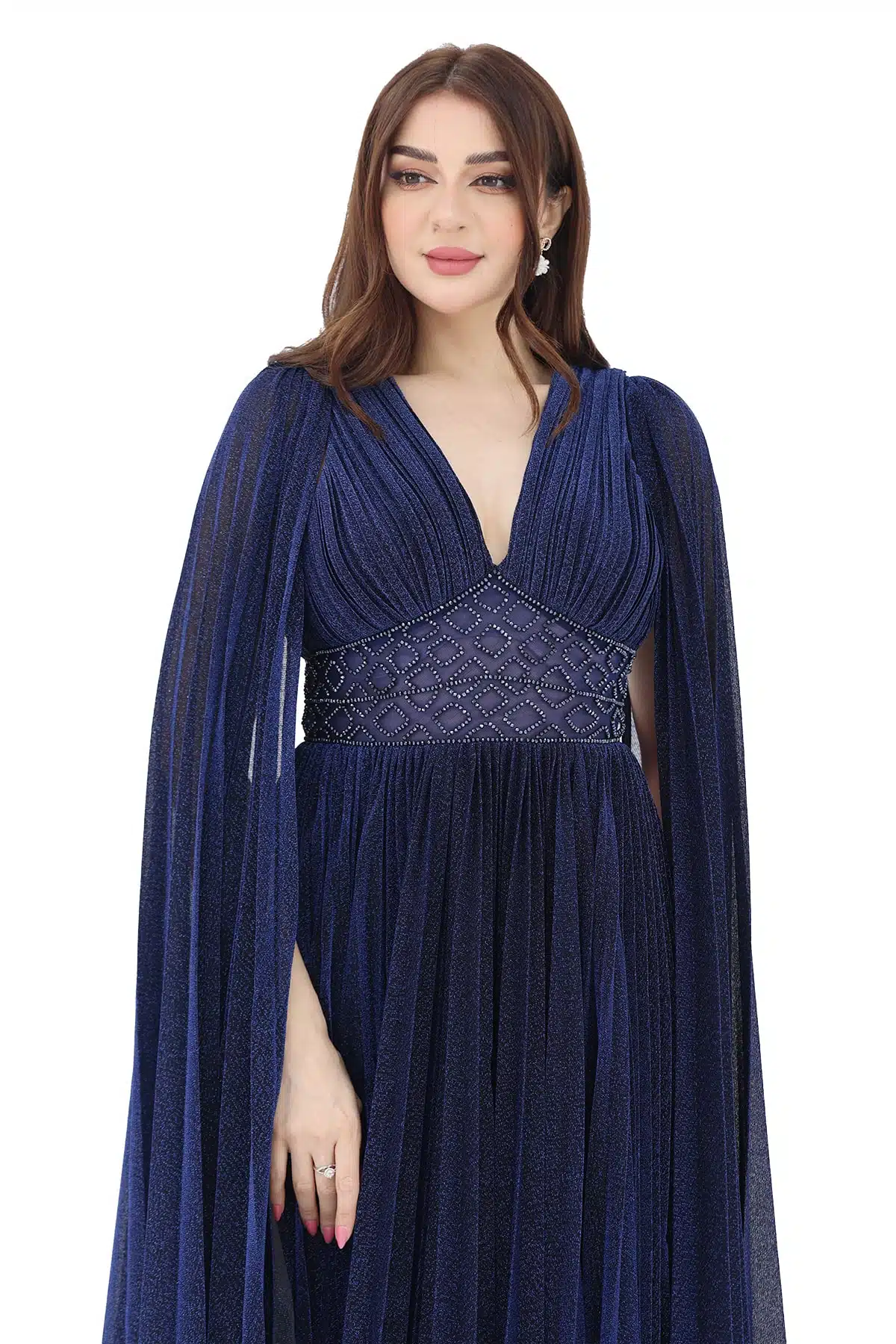 فستان ناعم كحلي بأكمام منديل