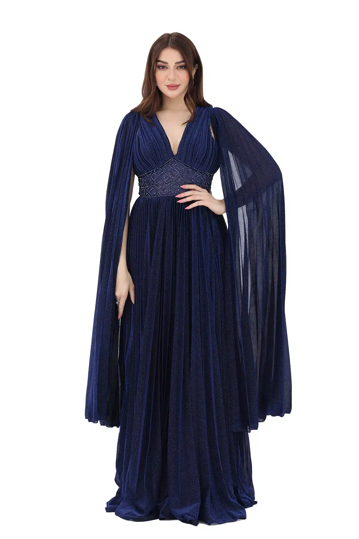 فستان ناعم كحلي بأكمام منديل