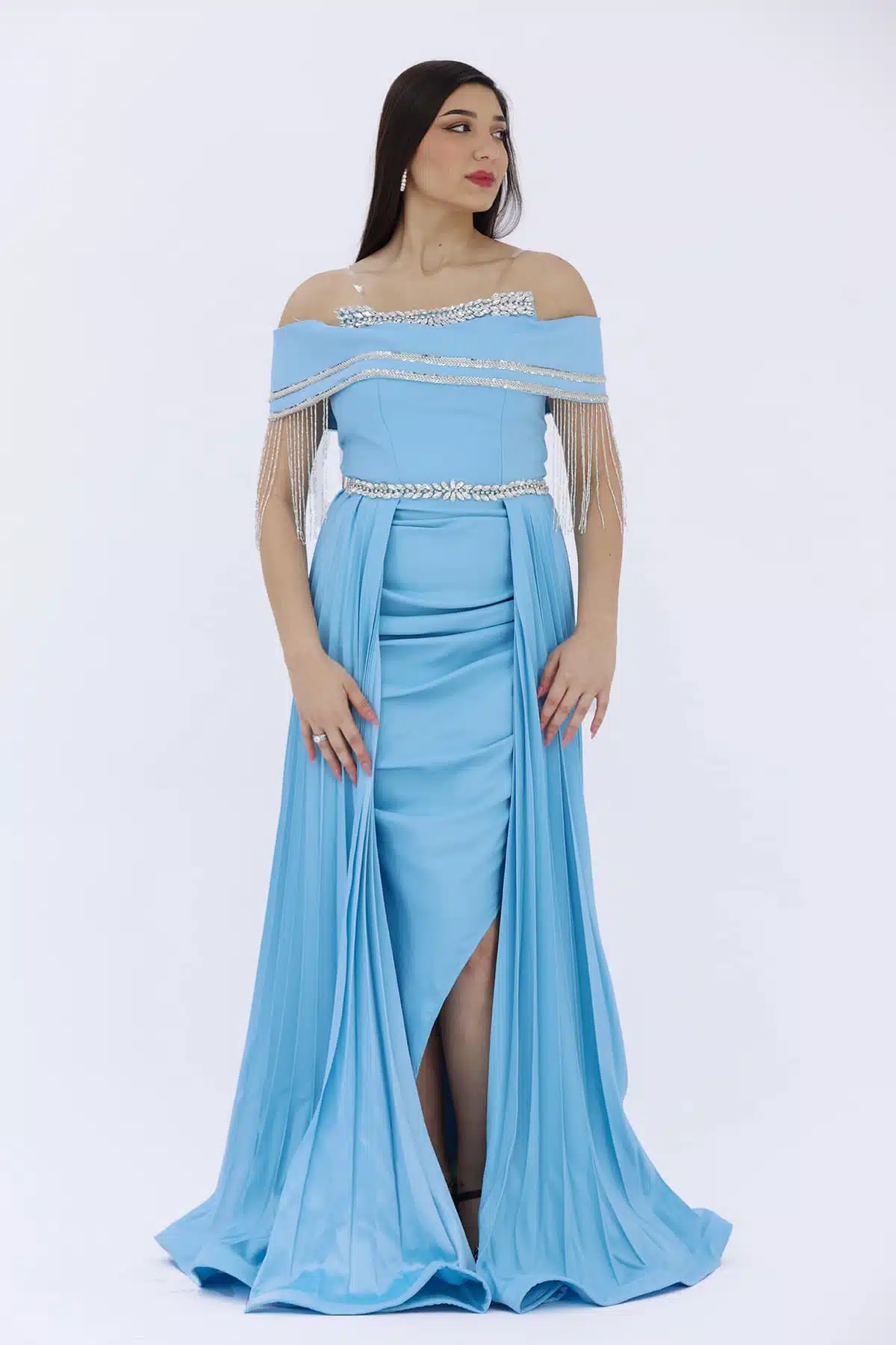 فستان سهرة سماوي باكمام اوف شولدر