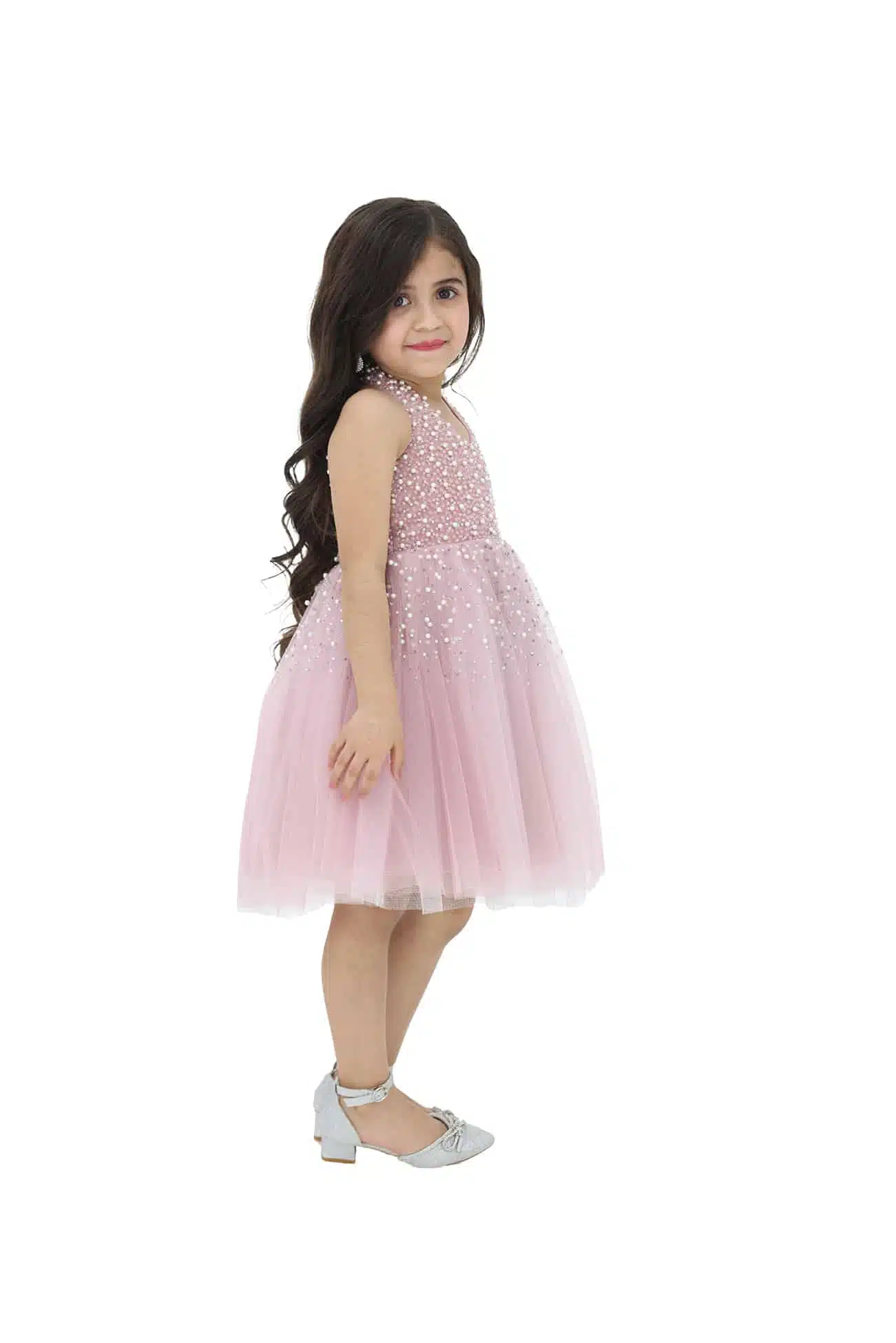 فستان بناتي فخم بلؤلؤ فضي