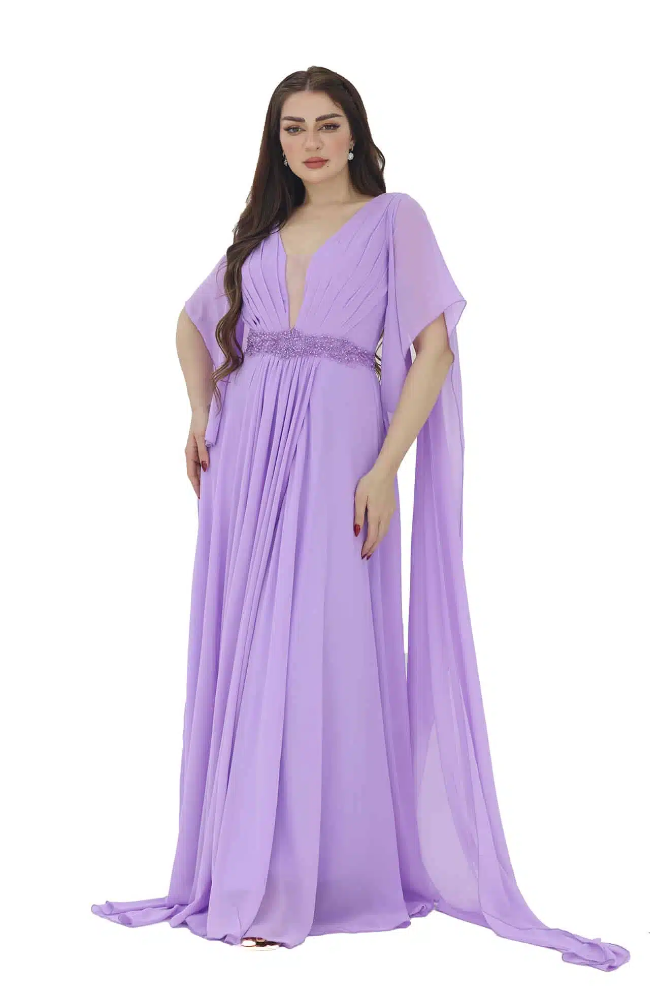 فستان سهرة راقي بأكمام شال فستان سهرة راقي بأكمام شال