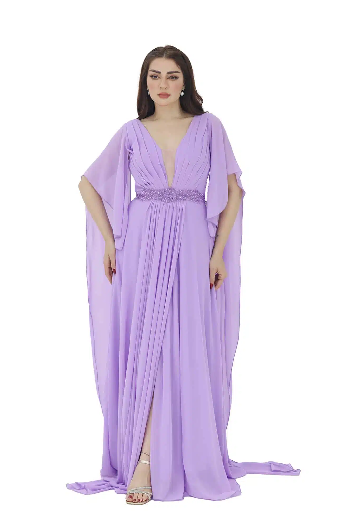 فستان سهرة راقي بأكمام شال فستان سهرة راقي بأكمام شال