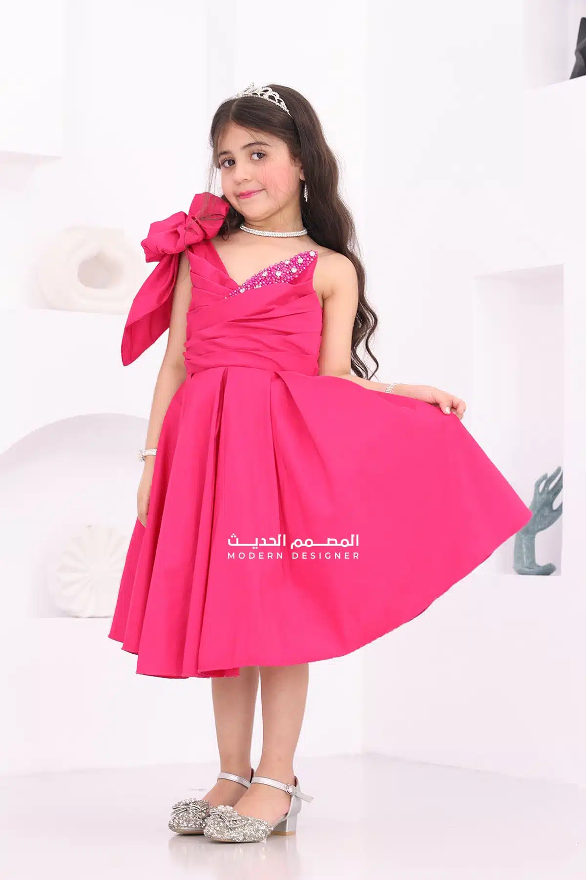 فستان بناتي انيق بفيونكة بالكتف