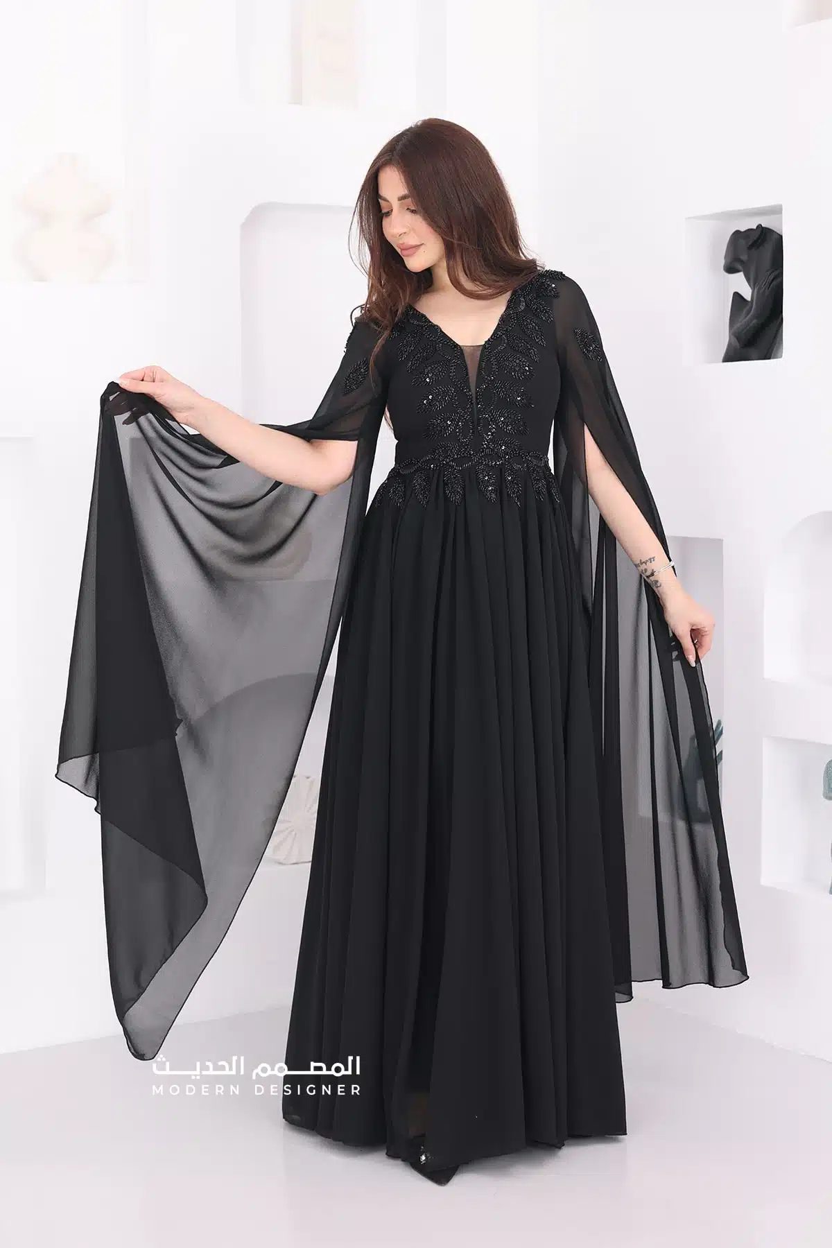 فستان سهرة شيفون فخم أكمام كيب