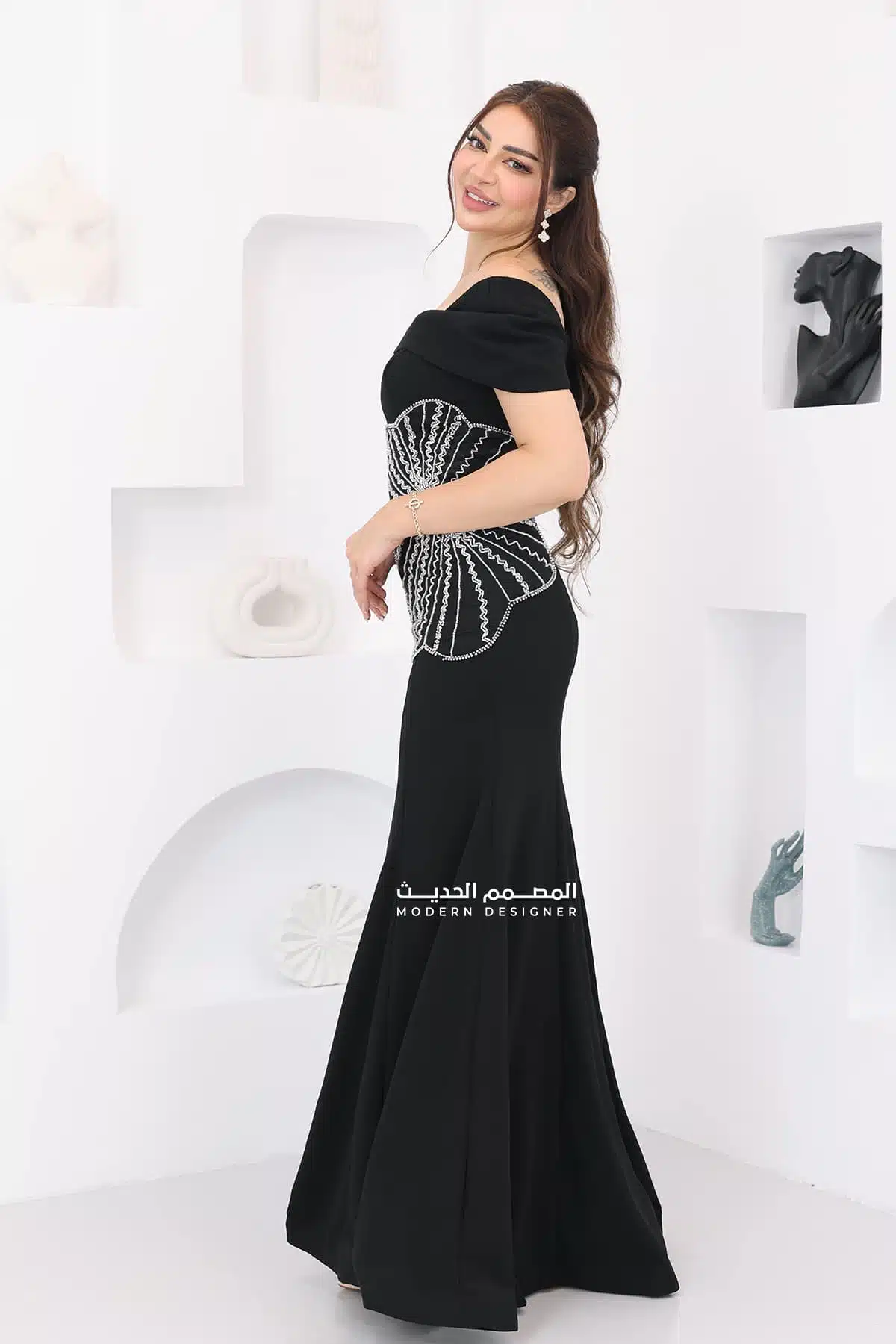 فستان سهرة بأكمام اوف شولدر أنيقة فستان سهرة بأكمام اوف شولدر أنيقة