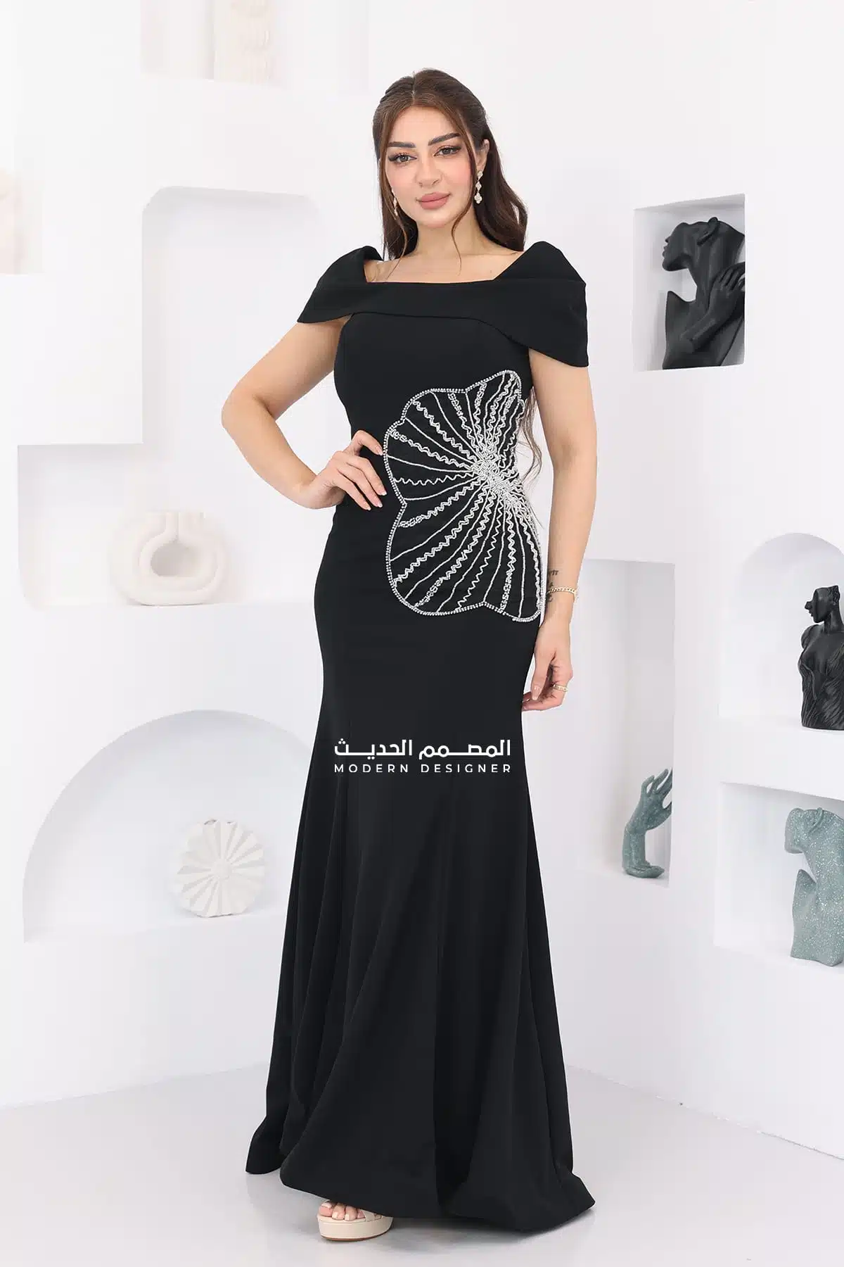 فستان سهرة بأكمام اوف شولدر أنيقة فستان سهرة بأكمام اوف شولدر أنيقة