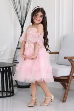 فستان بناتي تل كتف نازل