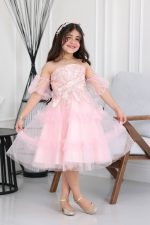 فستان بناتي تل كتف نازل