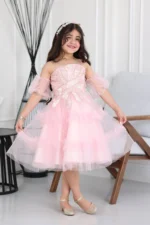 فستان بناتي تل كتف نازل