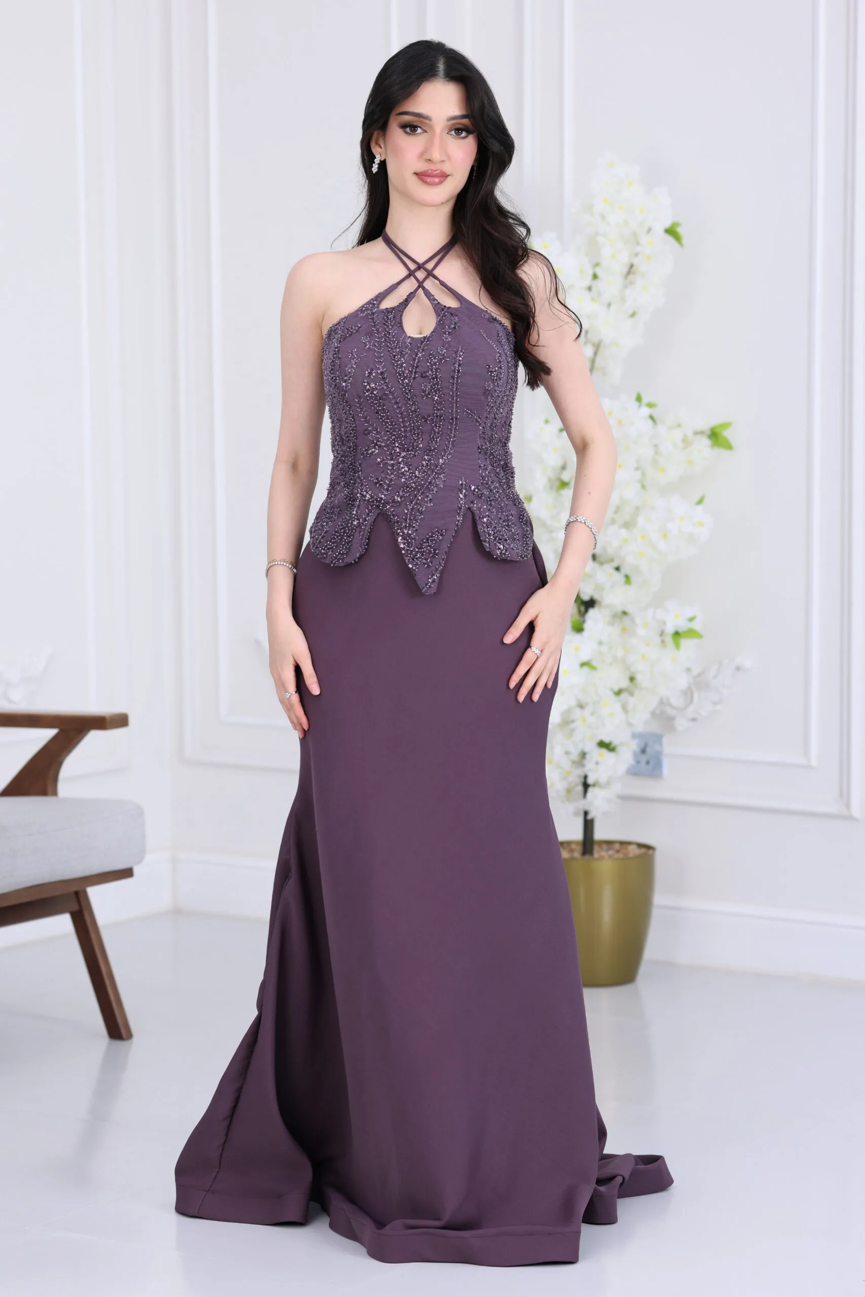 فستان سهرة كريب مطرز