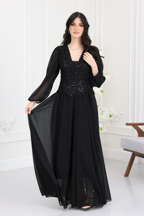 فستان سهرة شيفون مطرز ترتر