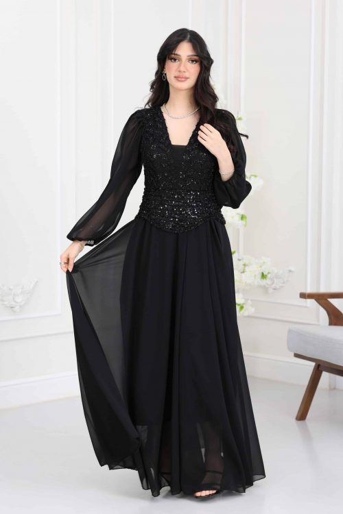 فستان سهرة شيفون مطرز ترتر