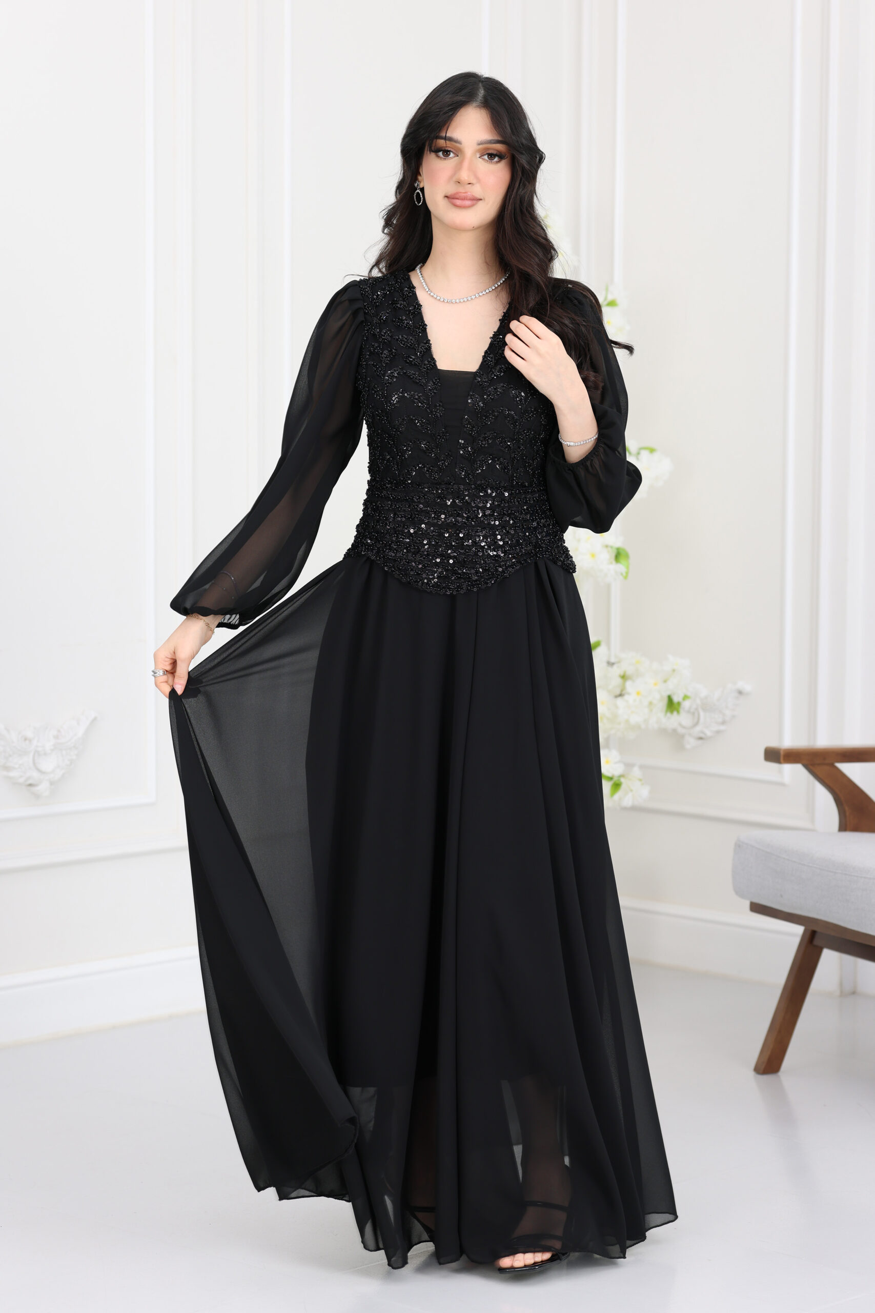 فستان سهرة شيفون اكمام مطرز (3) فستان سهرة شيفون مطرز ترتر