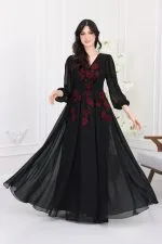 فستان سهرة شيفون اكمام مطرز