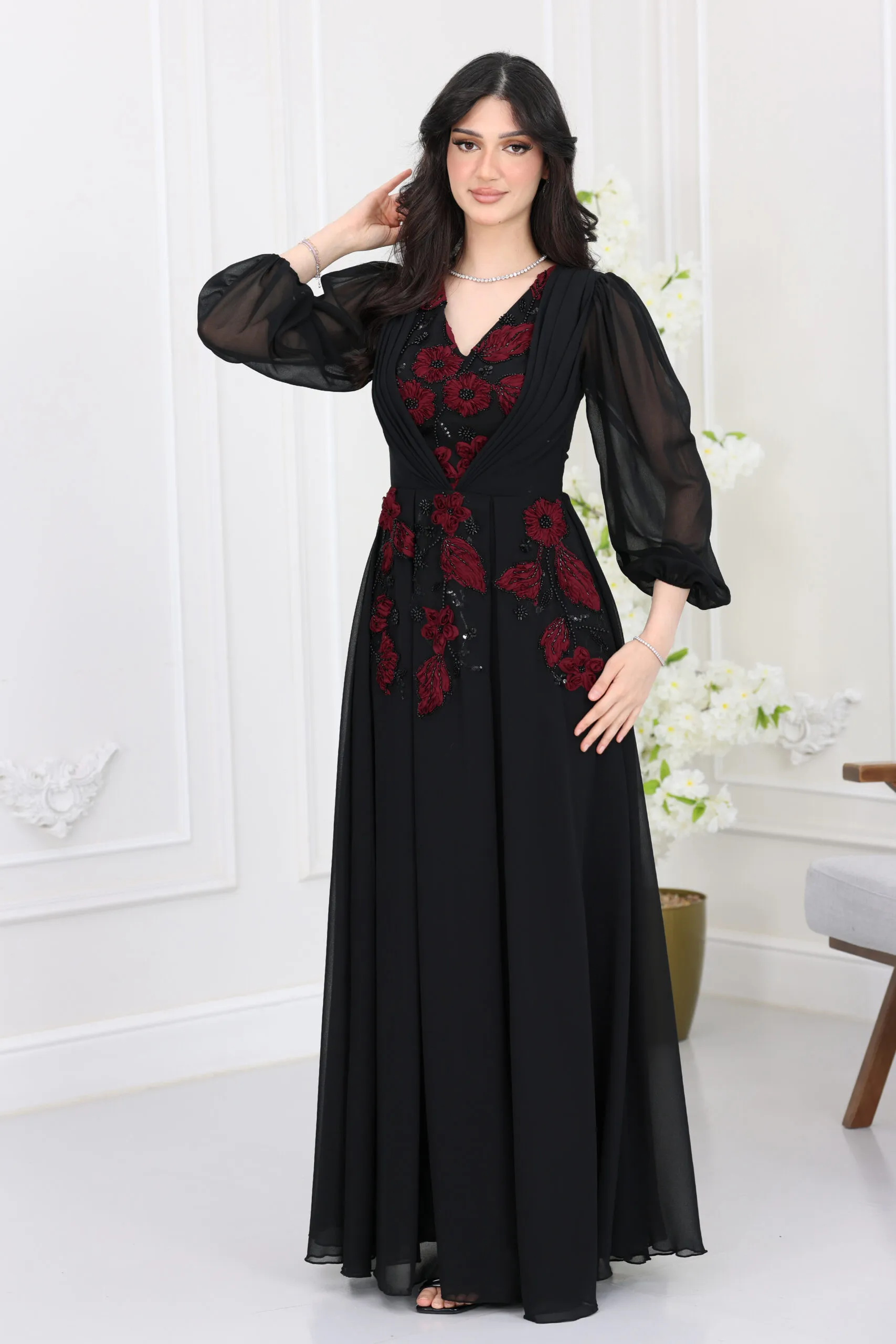 فستان سهرة شيفون اكمام مطرز