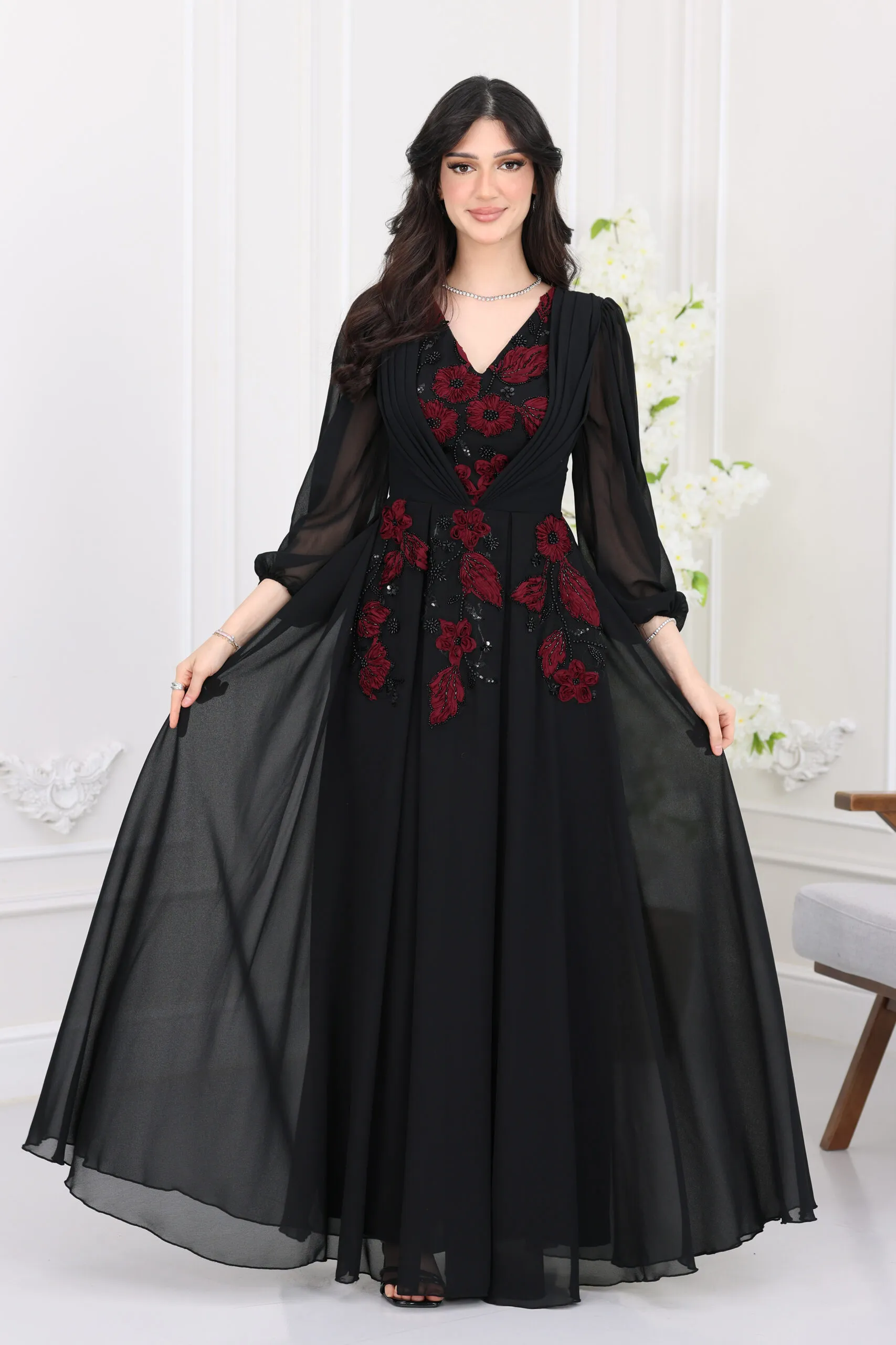 فستان سهرة شيفون اكمام مطرز