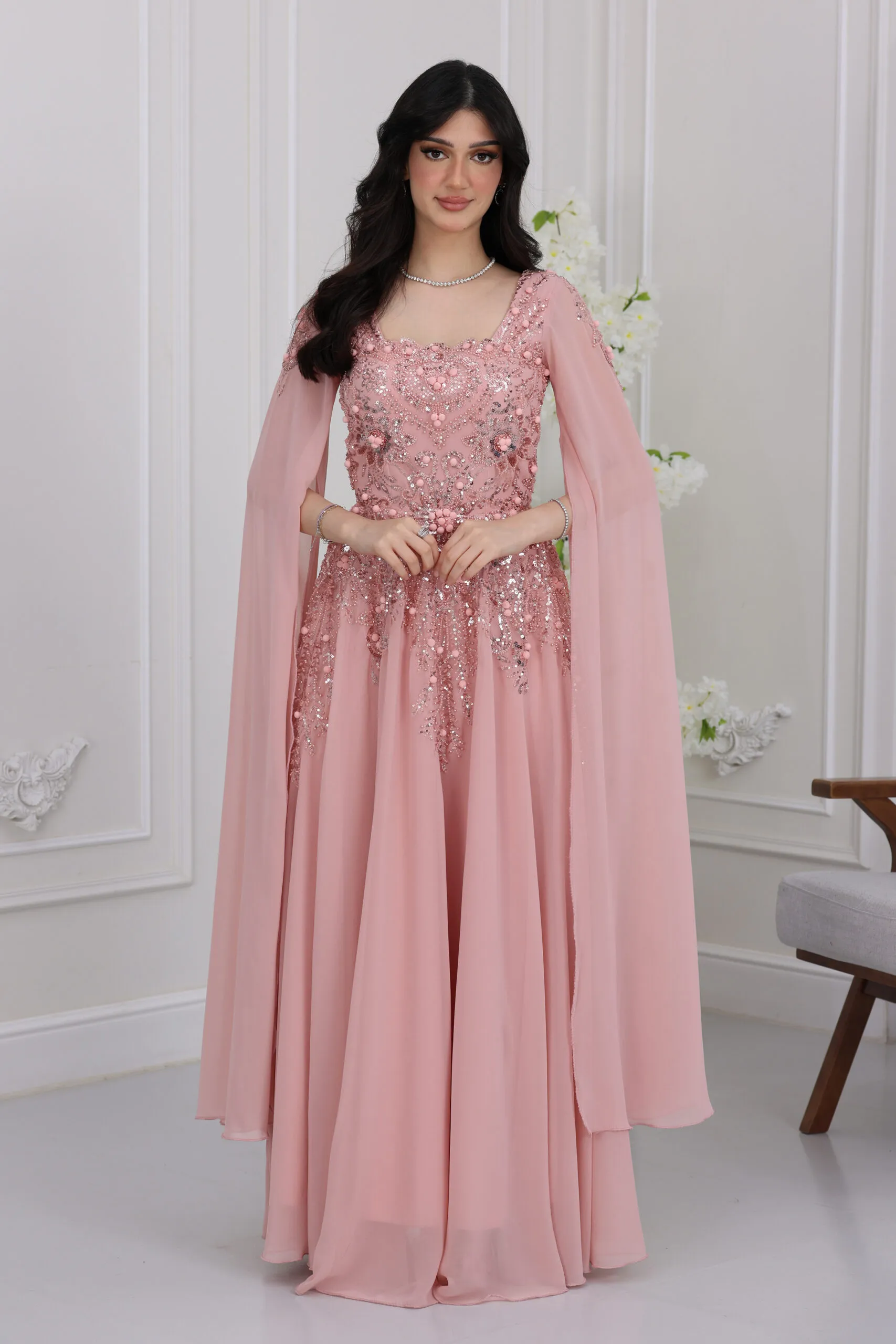 فستان شيفون اكمام منديل سهرة