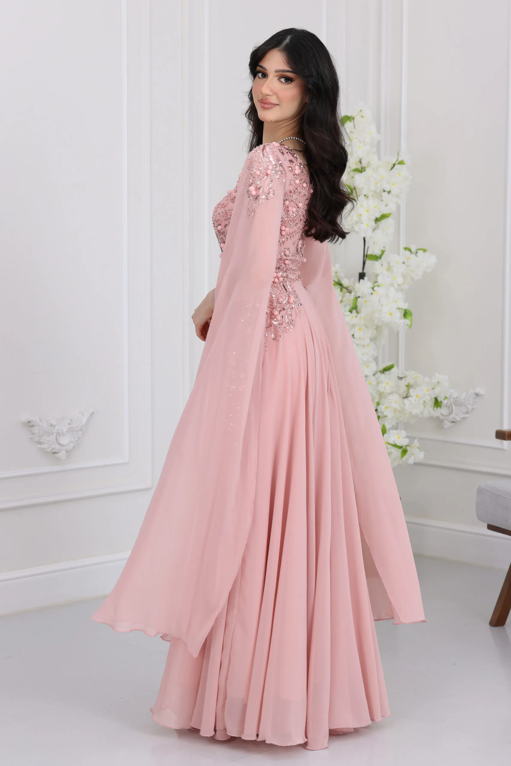 فستان شيفون اكمام منديل سهرة