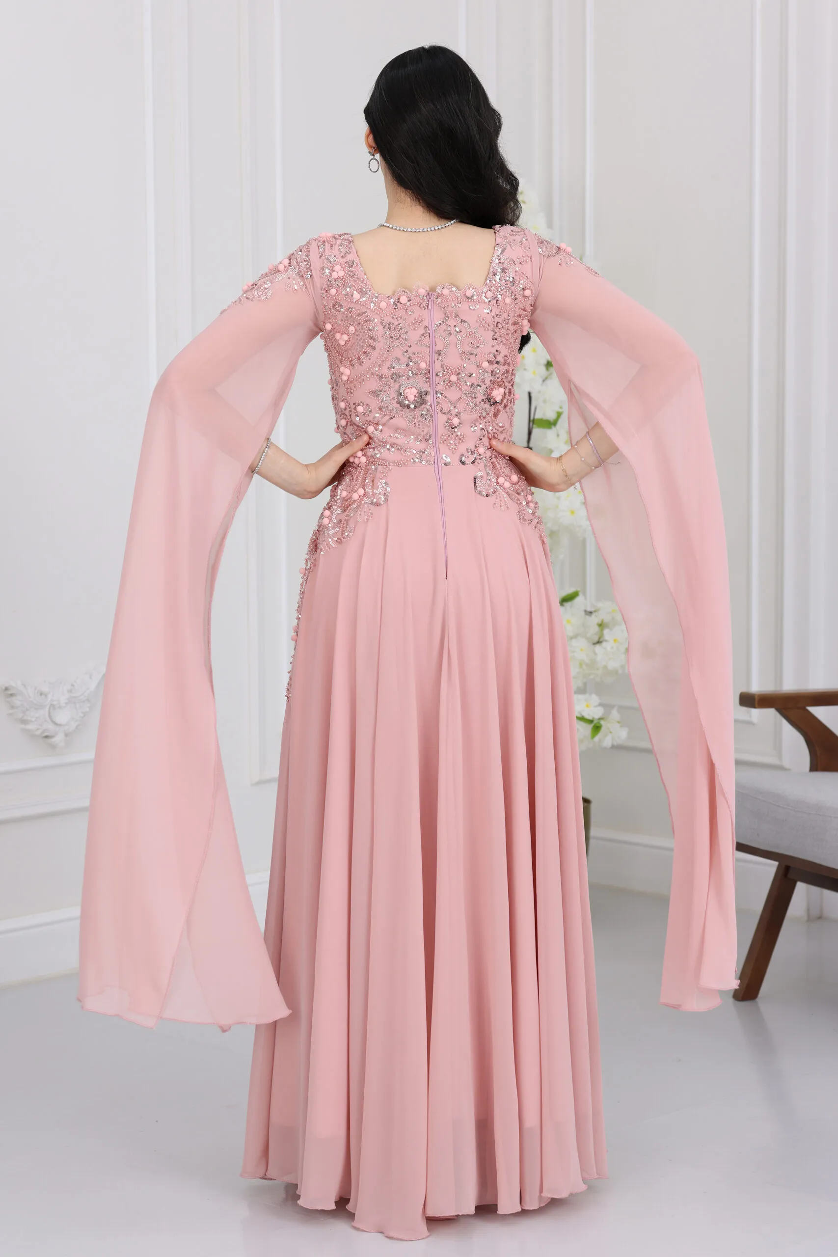 فستان شيفون اكمام منديل سهرة