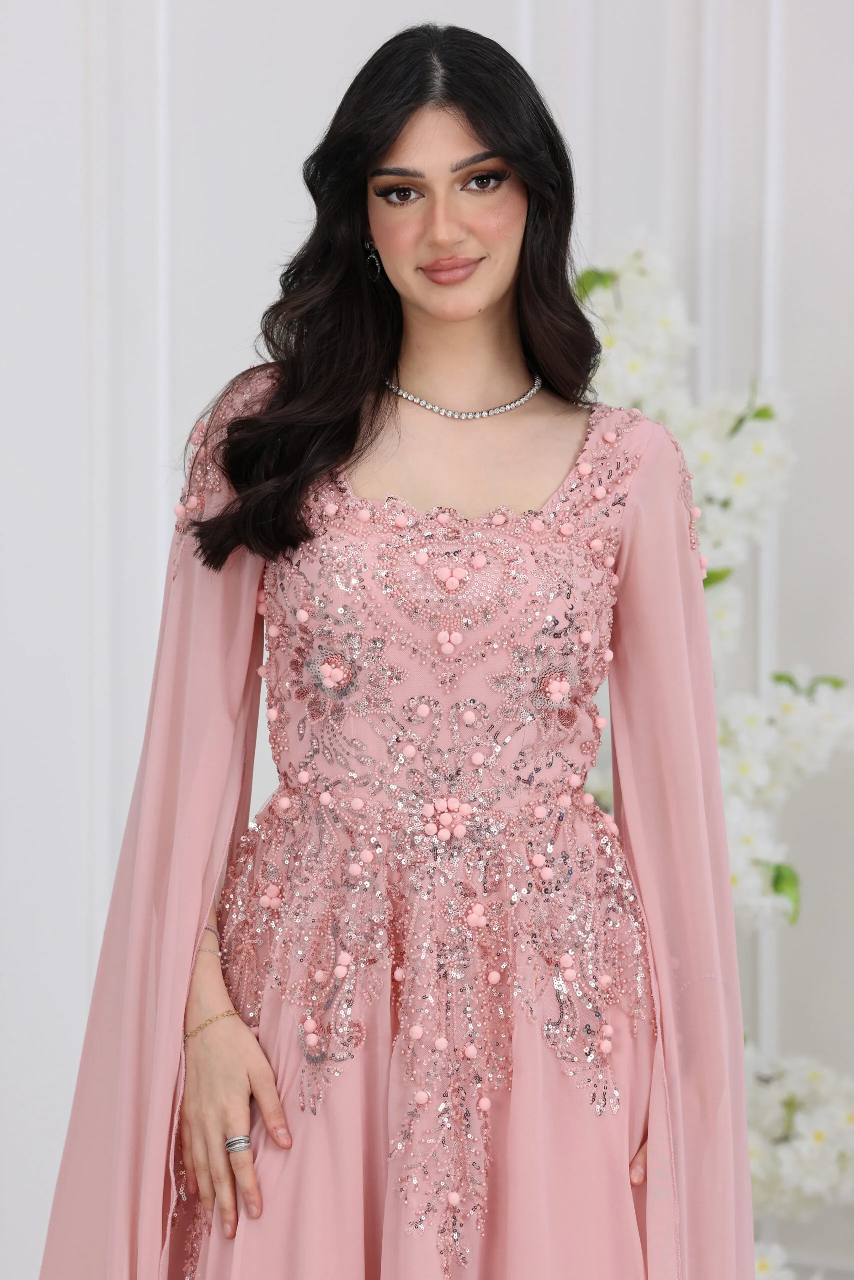 فستان شيفون اكمام منديل سهرة